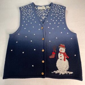 Vintage Marisa Christina 100% Wool Snowman Winter Sweater‎ Vest Blue Womens Med